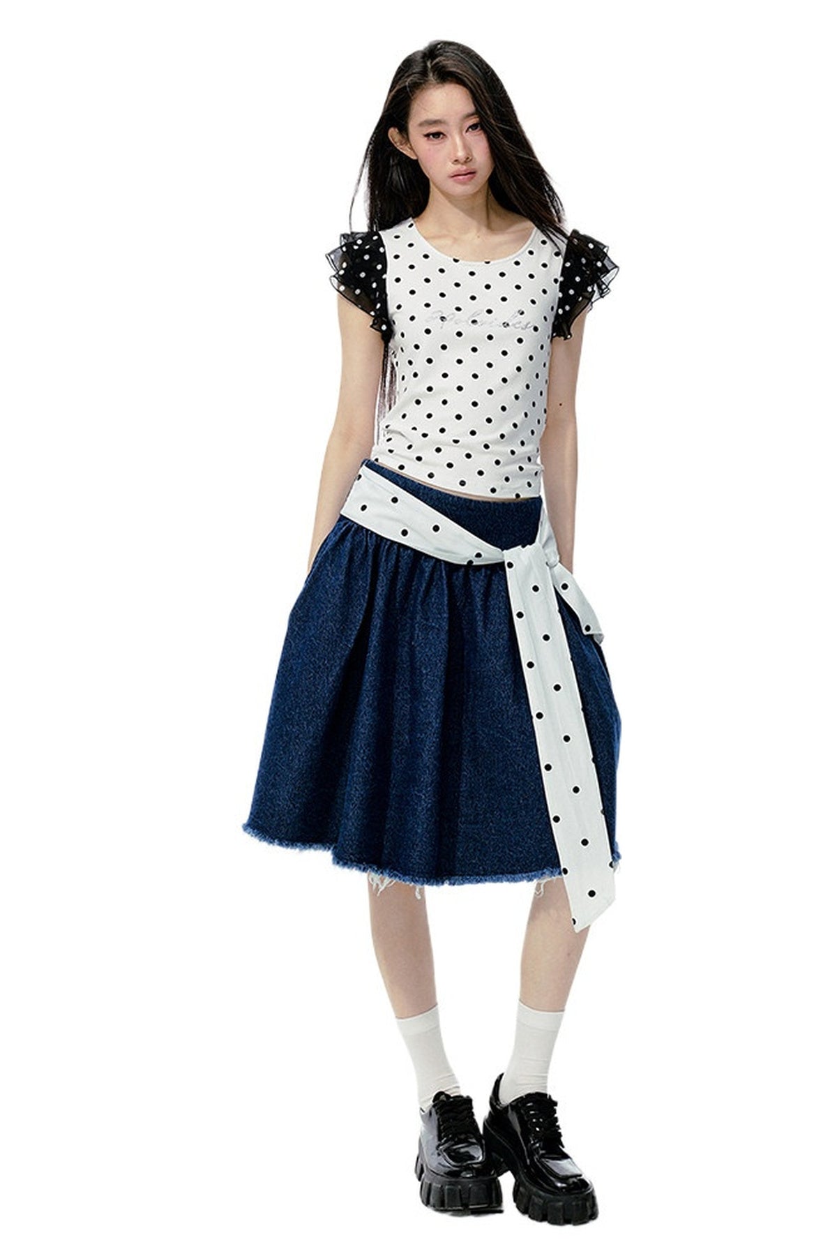 Polka Dot Flutter Sleeve Top Skirt Set-Up