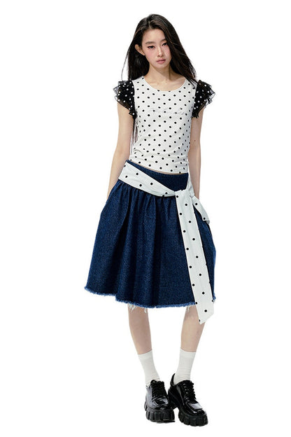 Polka Dot Flutter Sleeve Top Skirt Set-Up