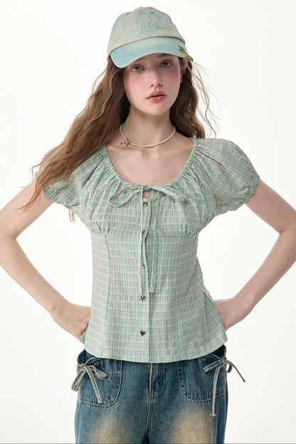 Green Plaid Puff Sleeve Button Front Top