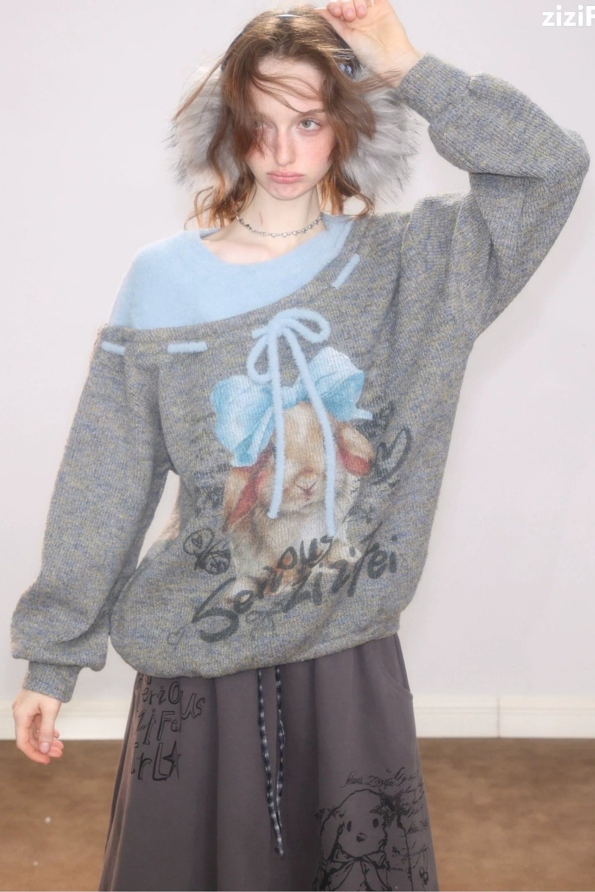 Rabbit Print Bow Knit Sweater