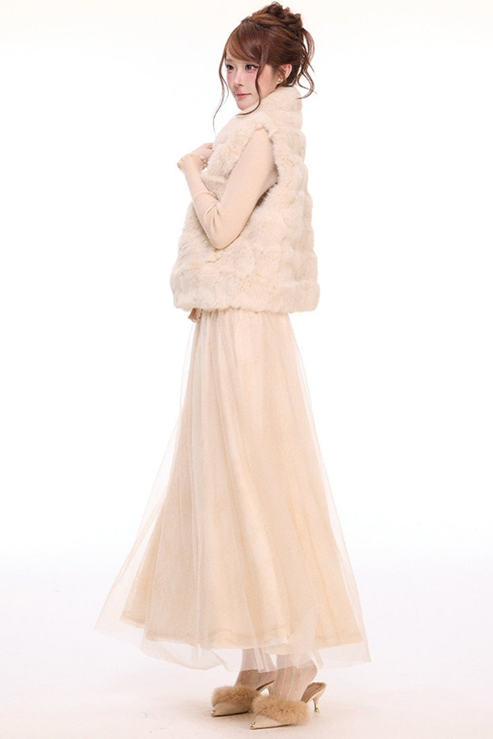 Rabbit Fur Vest and Knitted Sweater Cake Skirt Set-Up