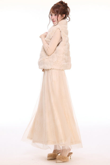 Rabbit Fur Vest and Knitted Sweater Cake Skirt Set-Up