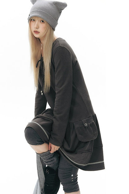 Long-Sleeved Knit Round Neck Tie Dress