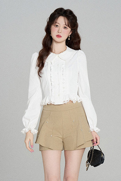 Ruffled Doll Collar Blouse And Shorts Set-Up