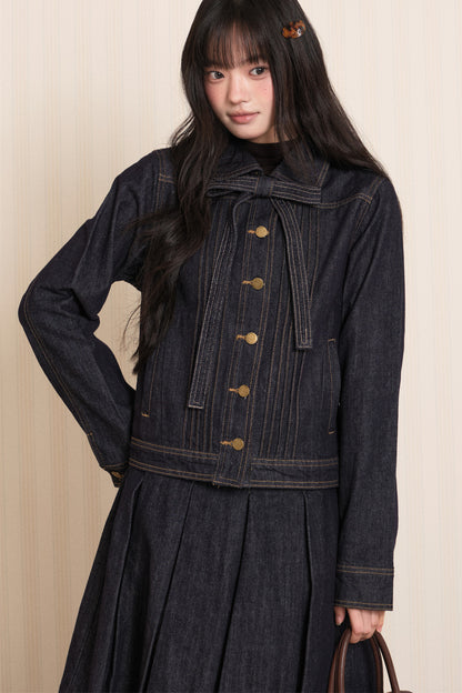 Washed Denim Lapel Tie Jacket