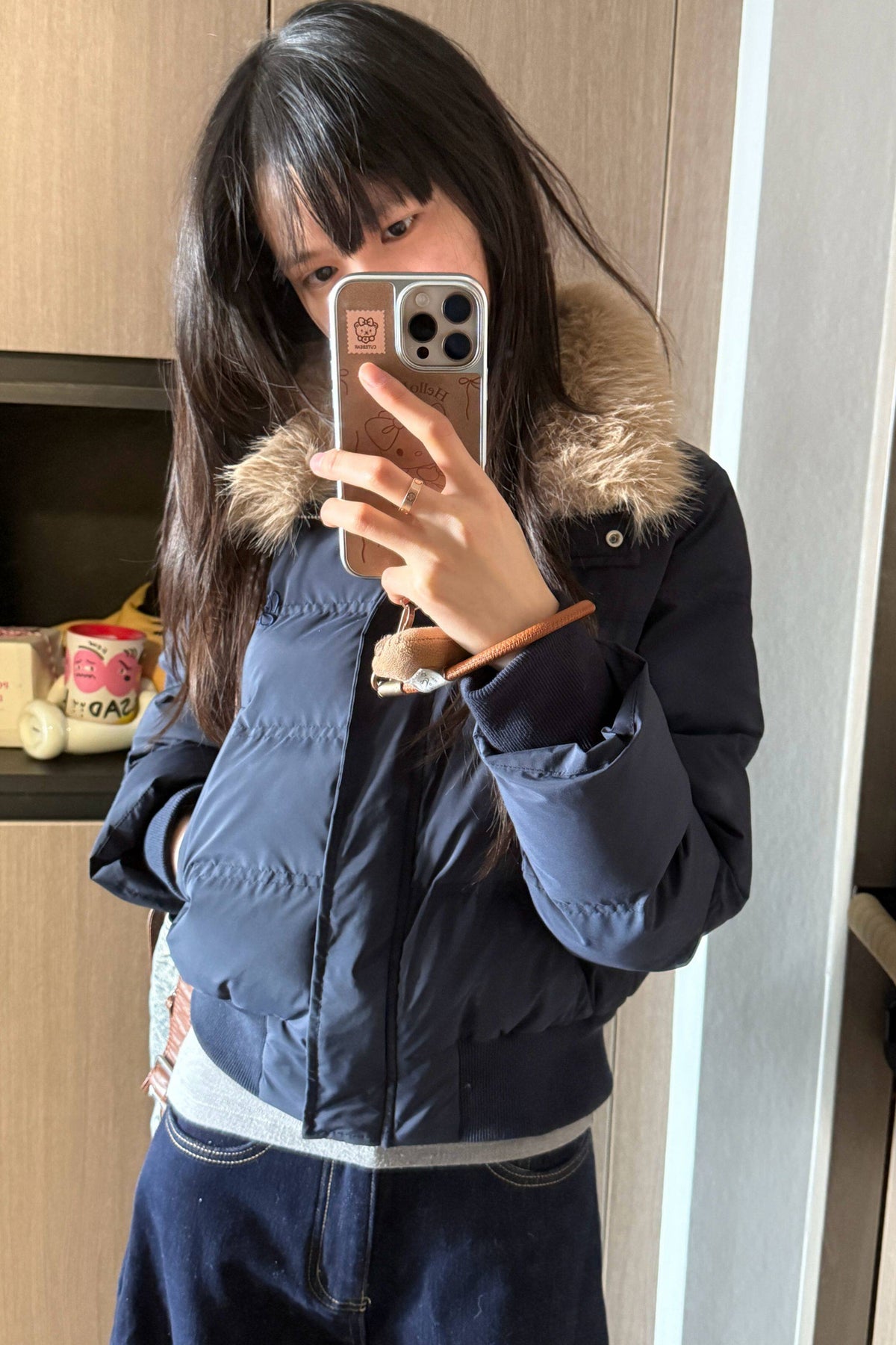 Navy Blue Fur Collar Padded Jacket and Pants Set-Up