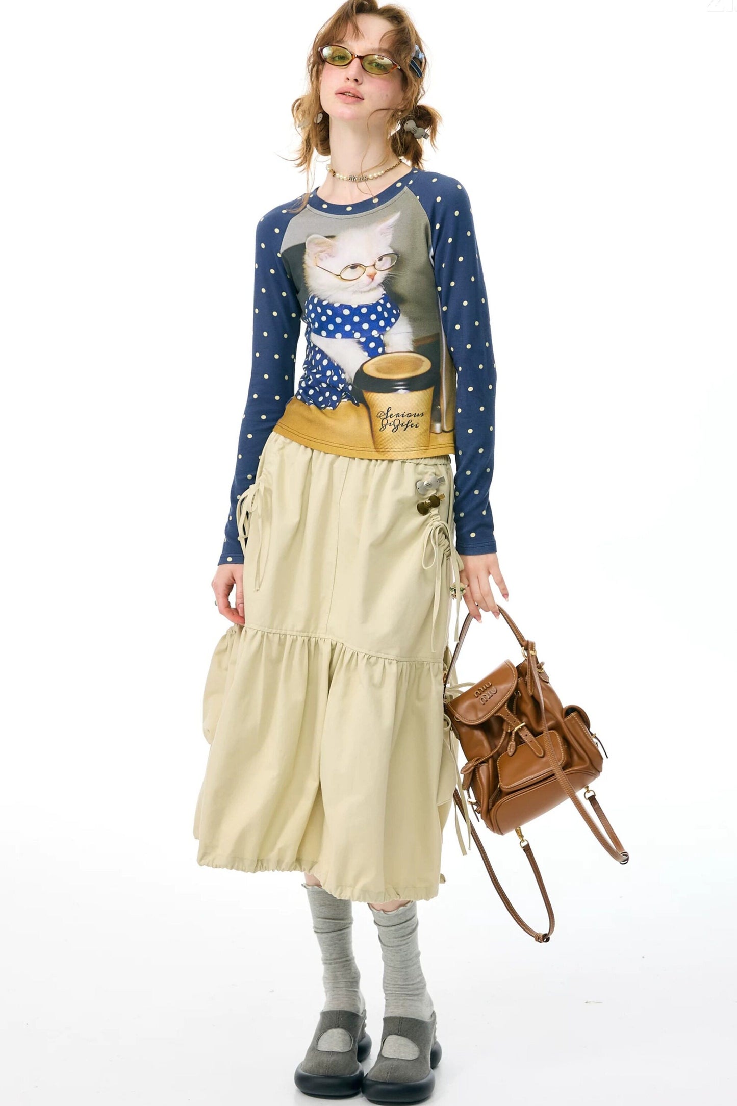 Navy Polka Dot Raglan Cat Print Long Sleeve Top