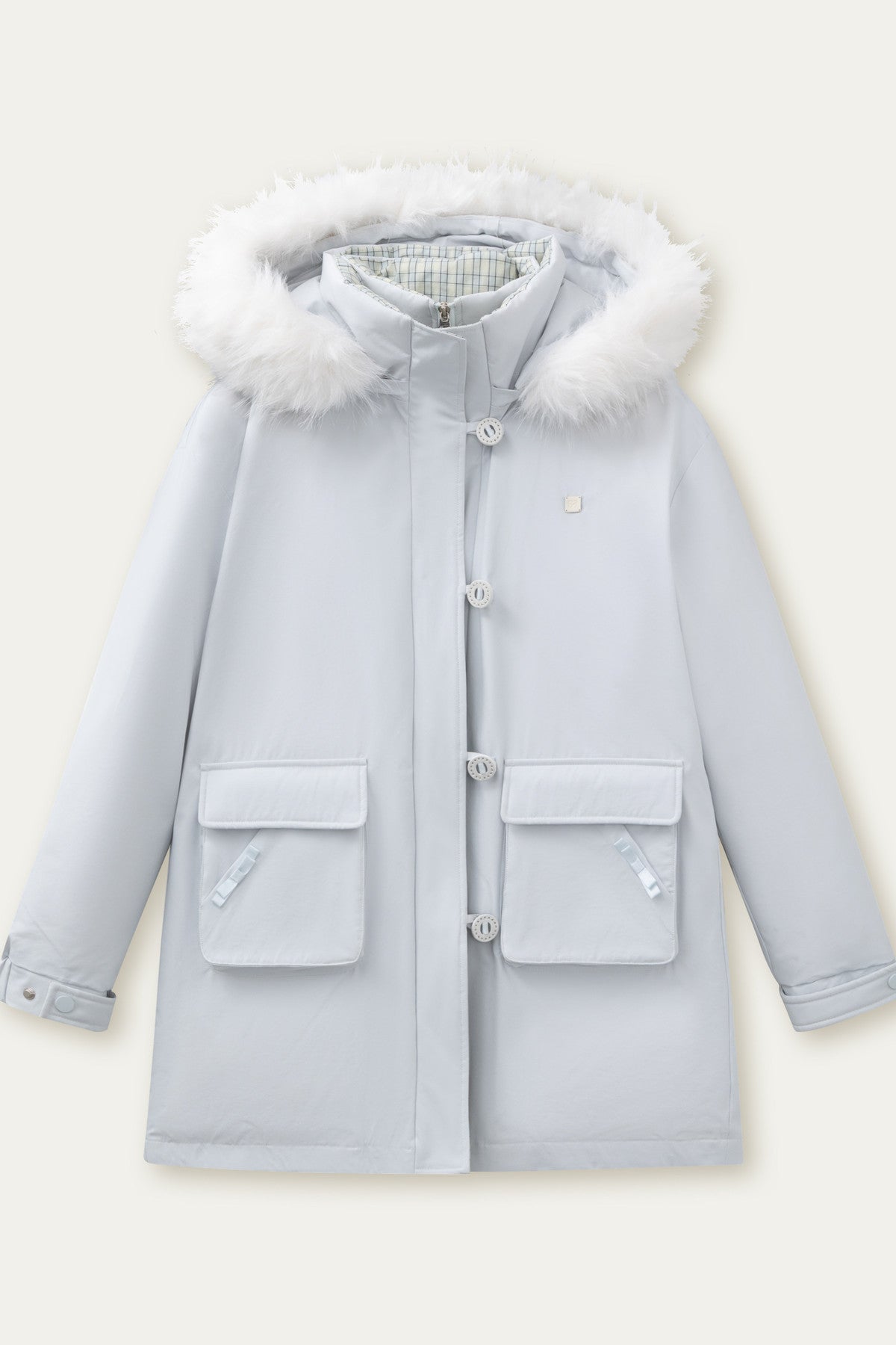 Patchwork Plaid Fur Collar Down Jacket