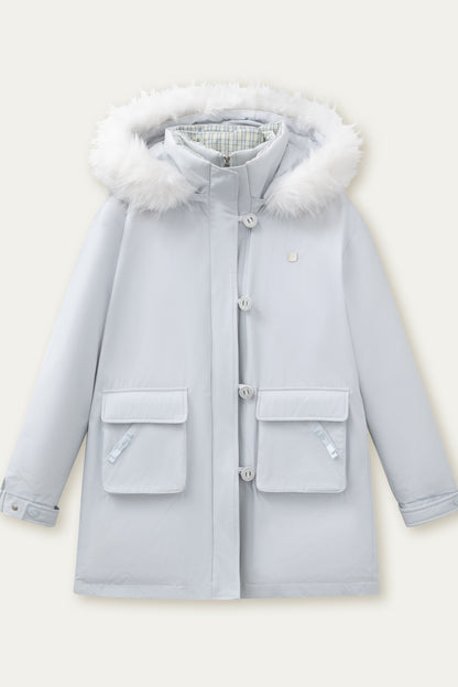 Patchwork Plaid Fur Collar Down Jacket