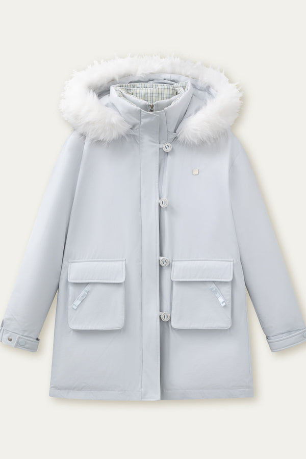 Patchwork Plaid Fur Collar Down Jacket