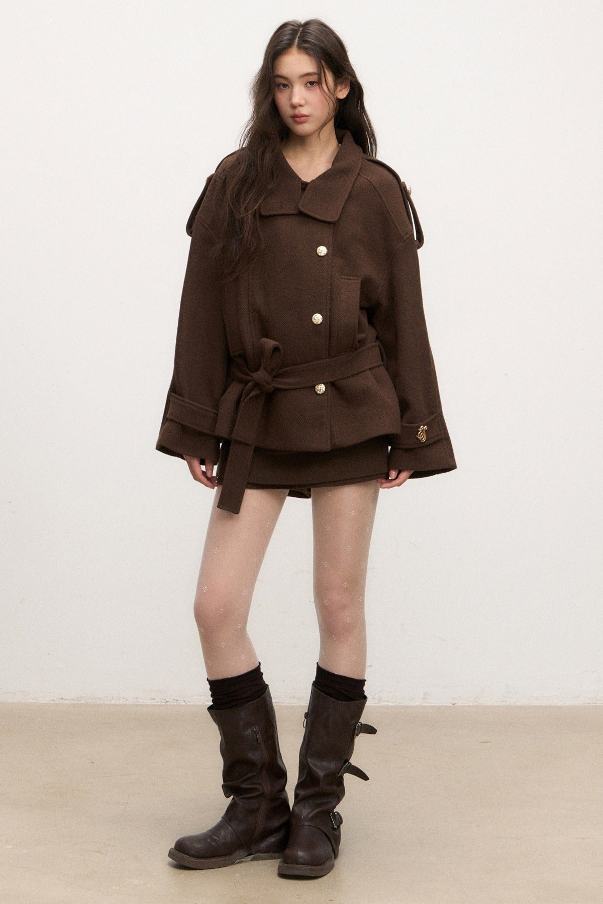 Stand-Collar Lace-Up Coat and Skirt Set-Up