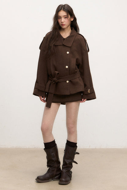 Stand-Collar Lace-Up Coat and Skirt Set-Up