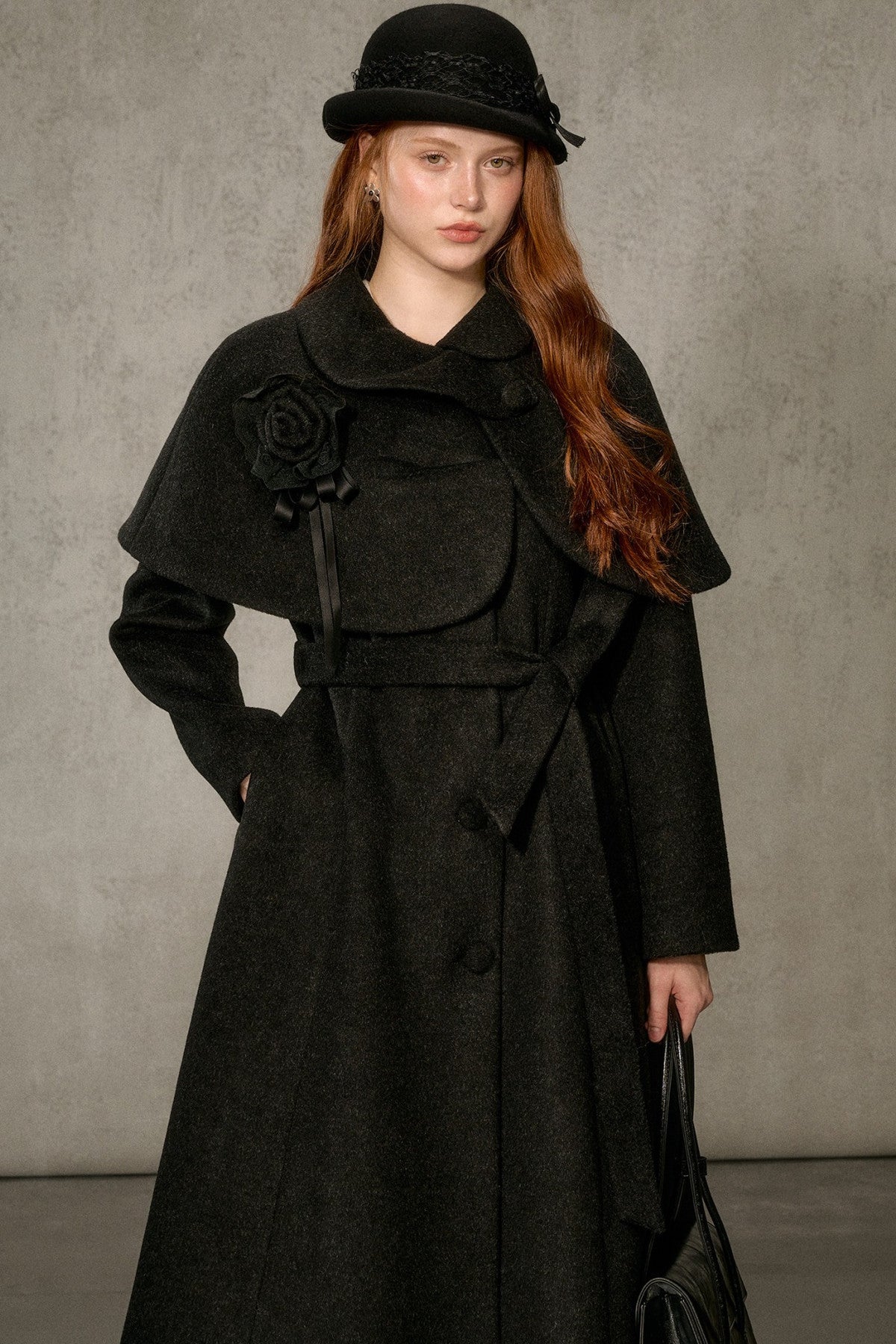 Floral Embroidered Long Woolen Cape Coat Set-Up