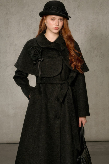 Floral Embroidered Long Woolen Cape Coat Set-Up