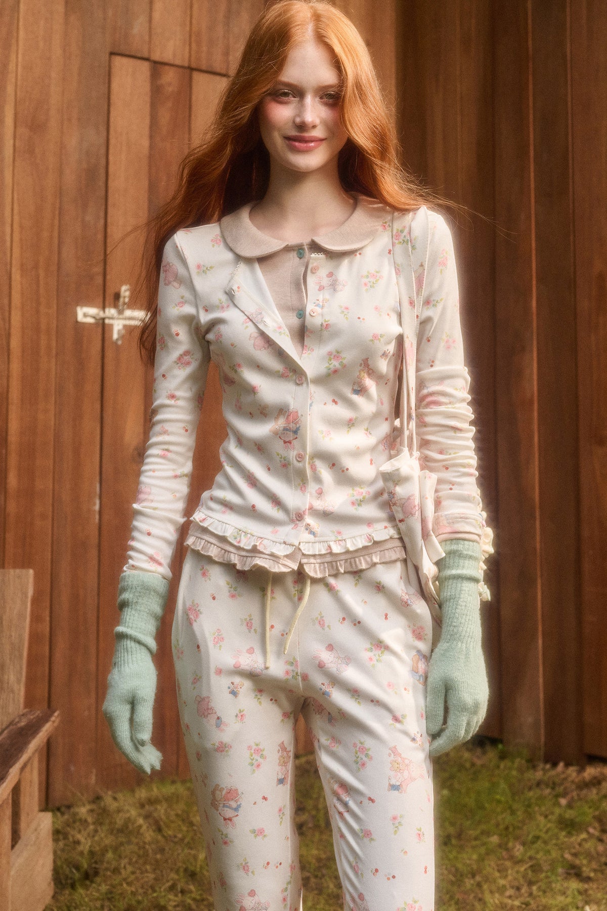 Layered-Look Floral Bunny Cardigan and Pants Set-Up