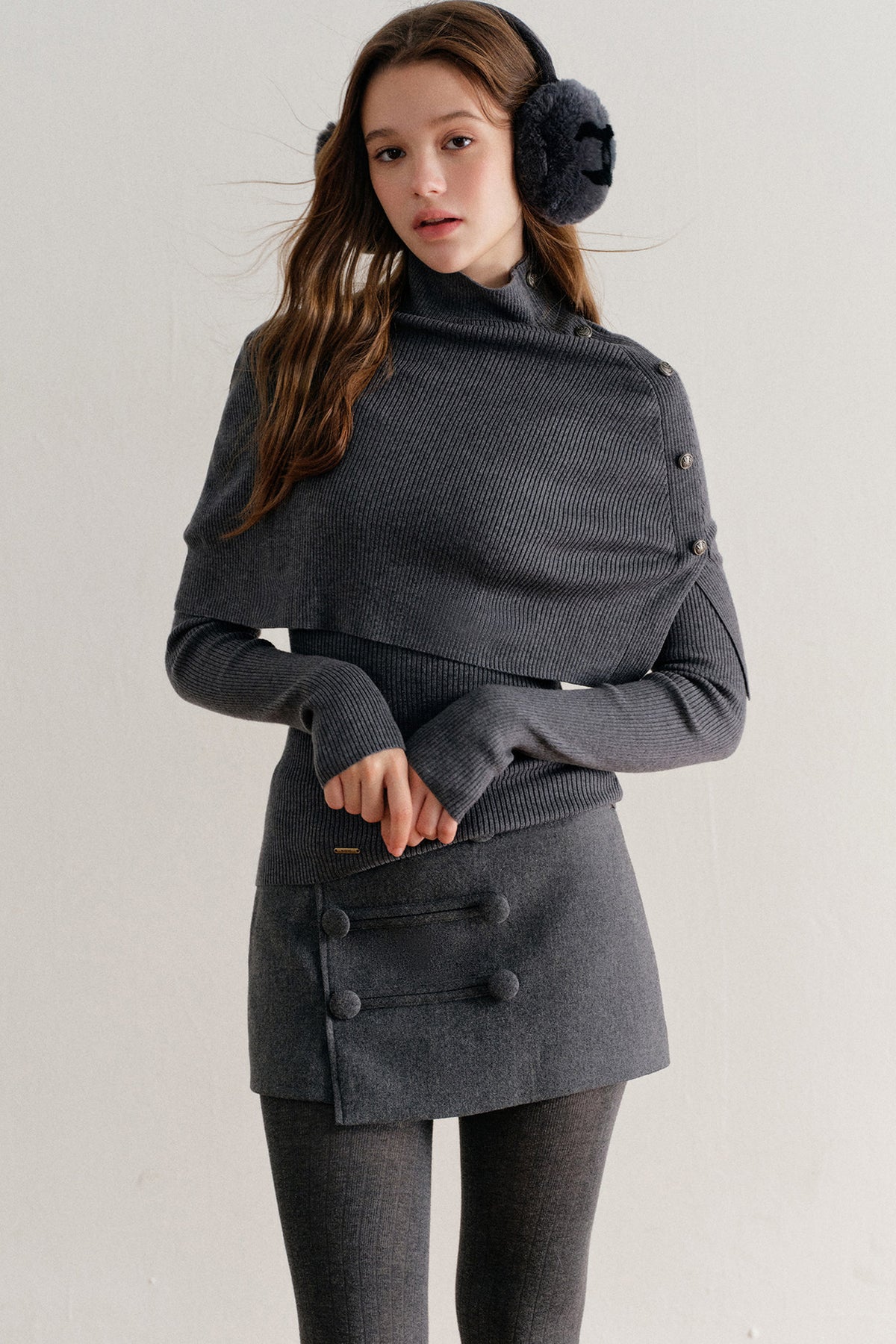 Long-Sleeve Wool Lyocell Knit Top and Detachable Cape Shawl Set