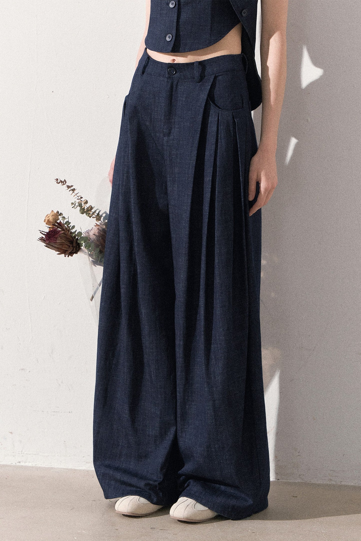 Layered-Look Faux Denim Vest and Wide Leg Pants Set-Up