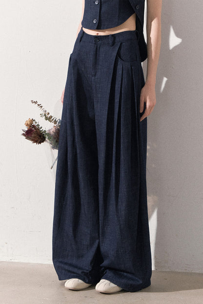 Layered-Look Faux Denim Vest and Wide Leg Pants Set-Up