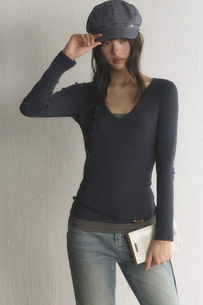 Layered-Look V-Neck Long-Sleeve T-Shirt
