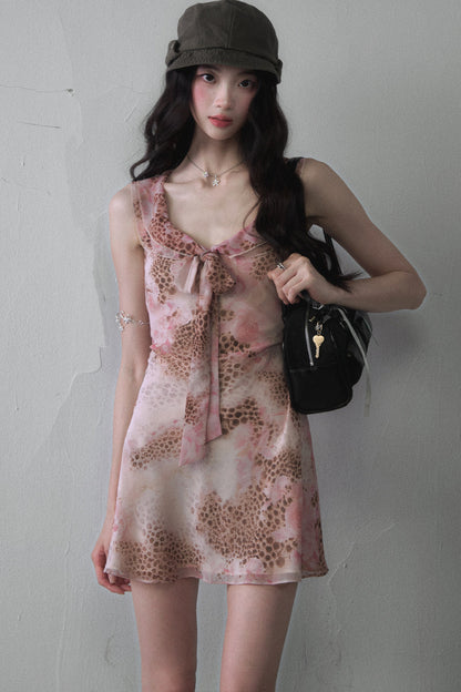 Pink Leopard Print Bow Tie Mini Dress