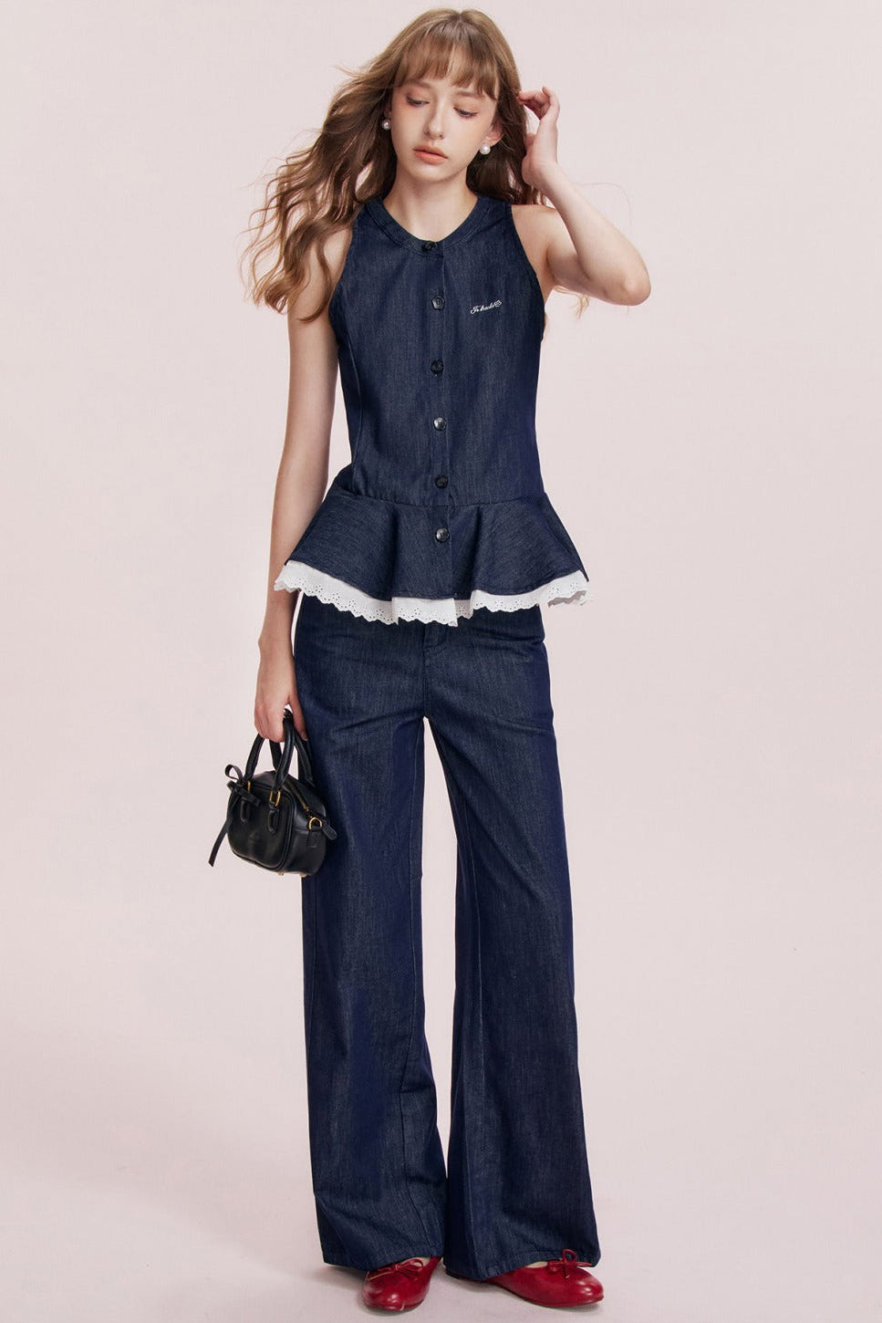 French Ruffle Denim Vest and Wide-Leg Pants Set-Up