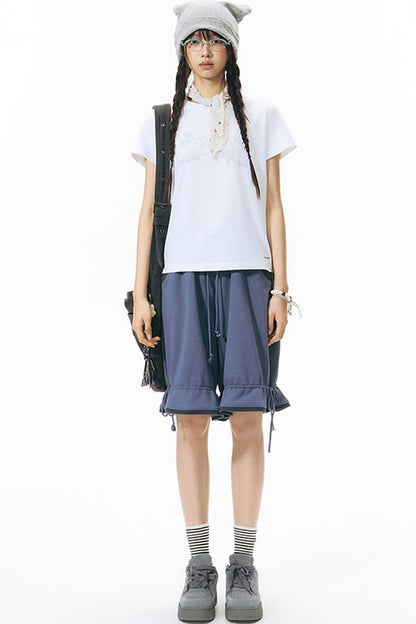 Color-Block Drawstring Elastic Waist Wide-Leg Mid-Length Shorts