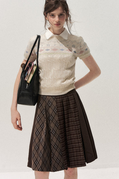 Retro Fair Isle Argyle Short-Sleeve Knit Sweater and Skirt Set-Up