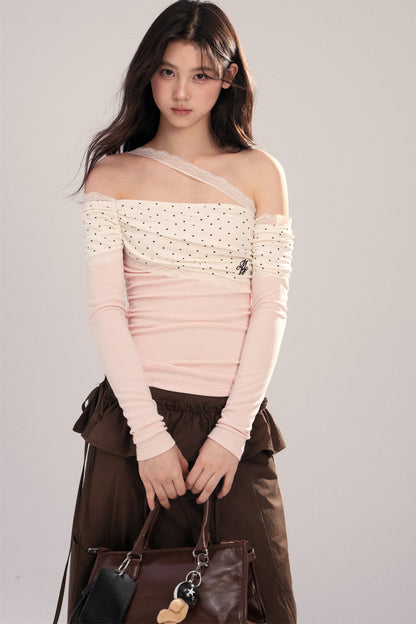Polka Dot Spliced Lace Off-Shoulder T-Shirt