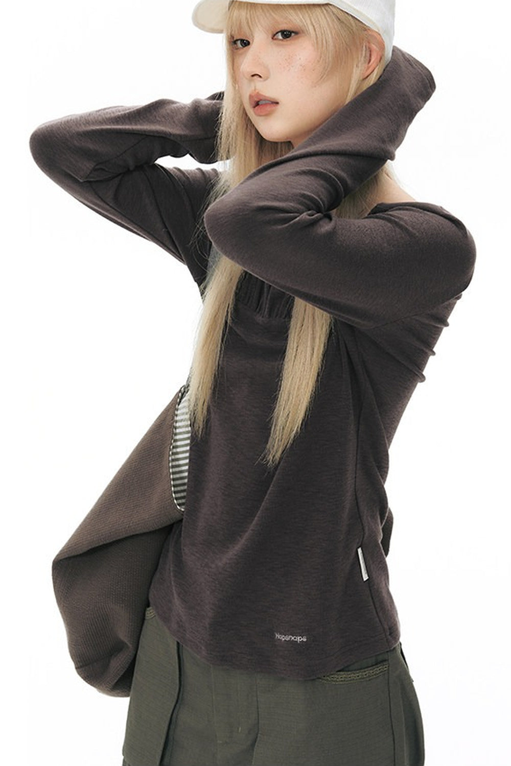 Pleated Striped Knit Base Layer Top