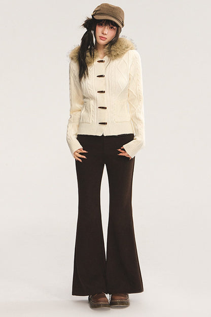 Retro Horn Button Fur Collar Knitted Cardigan