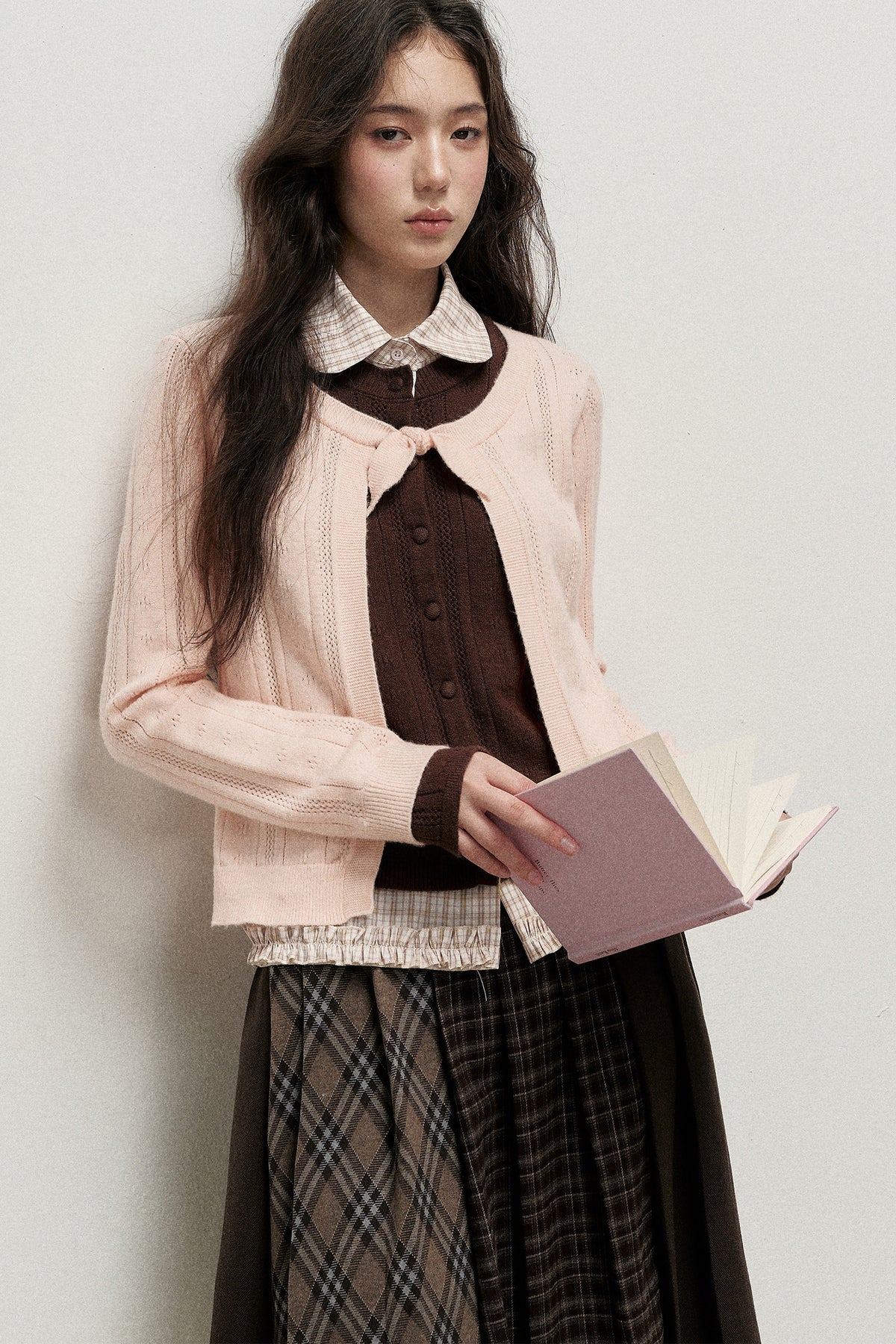 Plaid Collar Layered-Look Knit Top