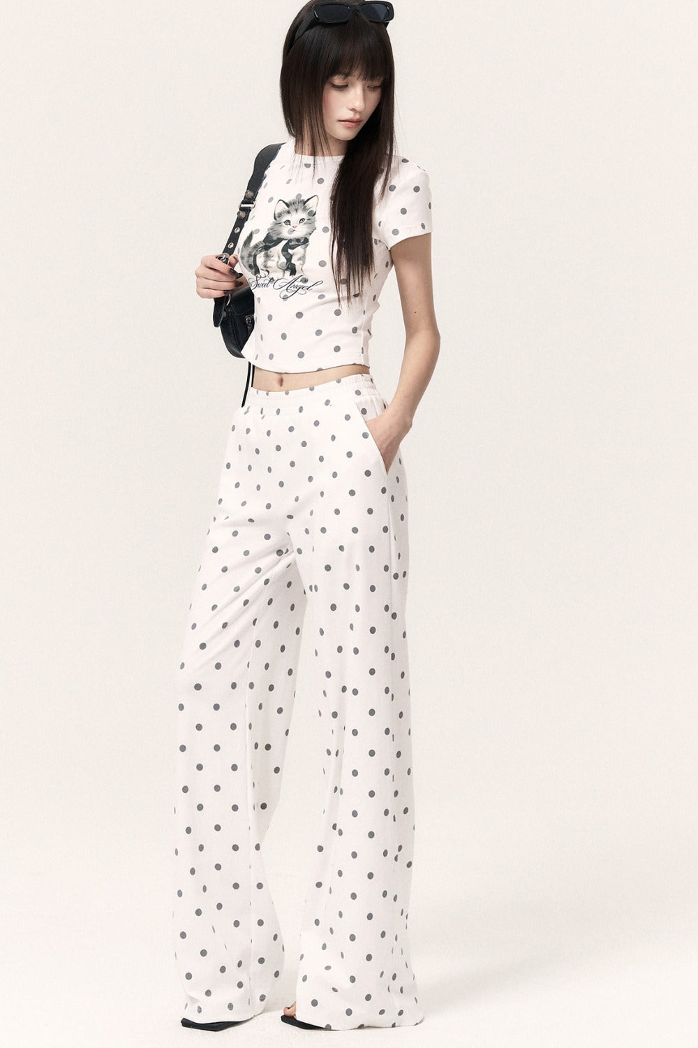 Cat Print Polka Dot Top Pants and Skirt Set-Up