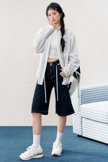 Washed Denim Drawstring Shorts
