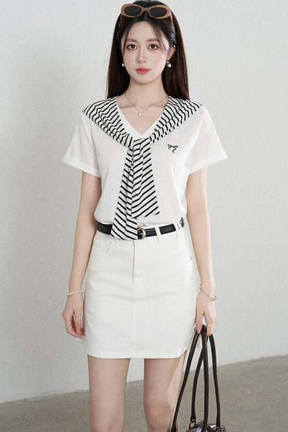 Loose Short-Sleeved Striped Shawl T-Shirt and Denim Skirt Set-Up