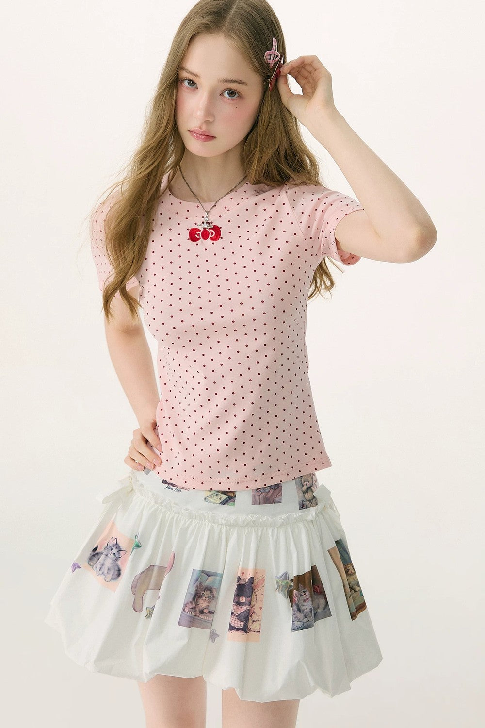 Pink Polka Dot Bow Blouse