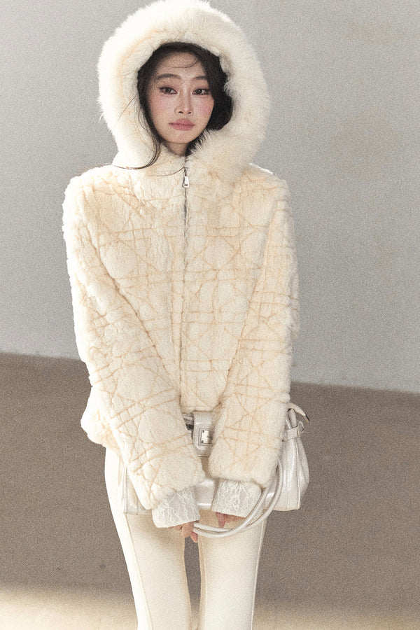 Quilted Faux Rabbit Fur Hooded Jacket