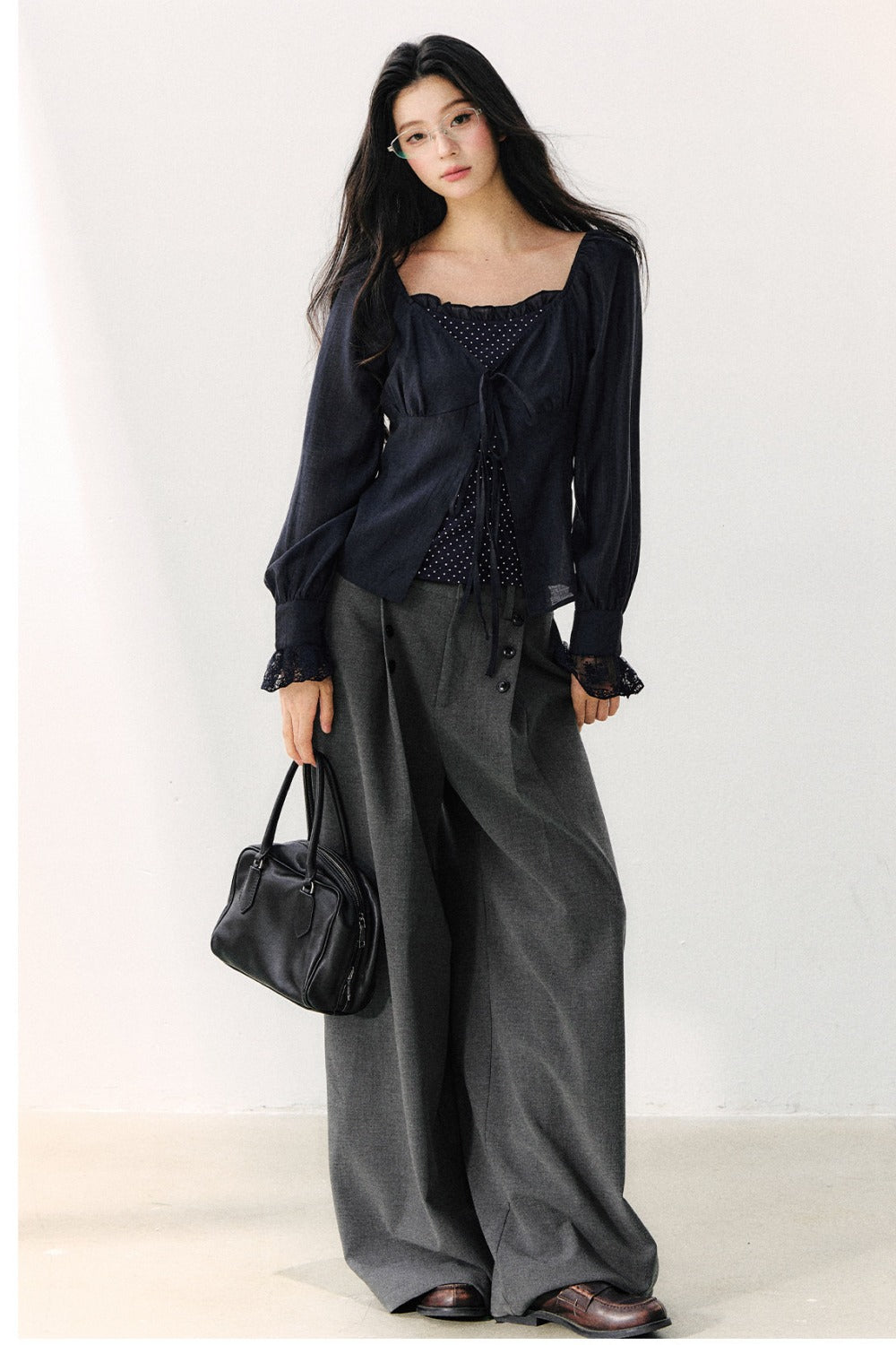 Polka Dot Knit Layered-Look Blouse
