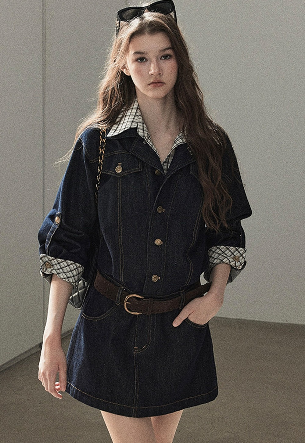 Completo con abito in denim imbottito effetto stratificato
