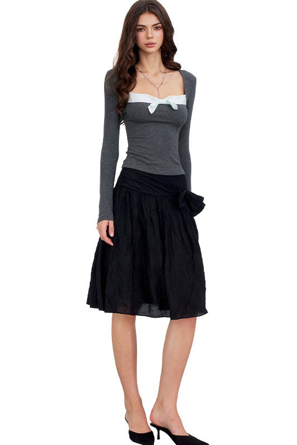 Contrast Bow Square Neck Long-Sleeve Top