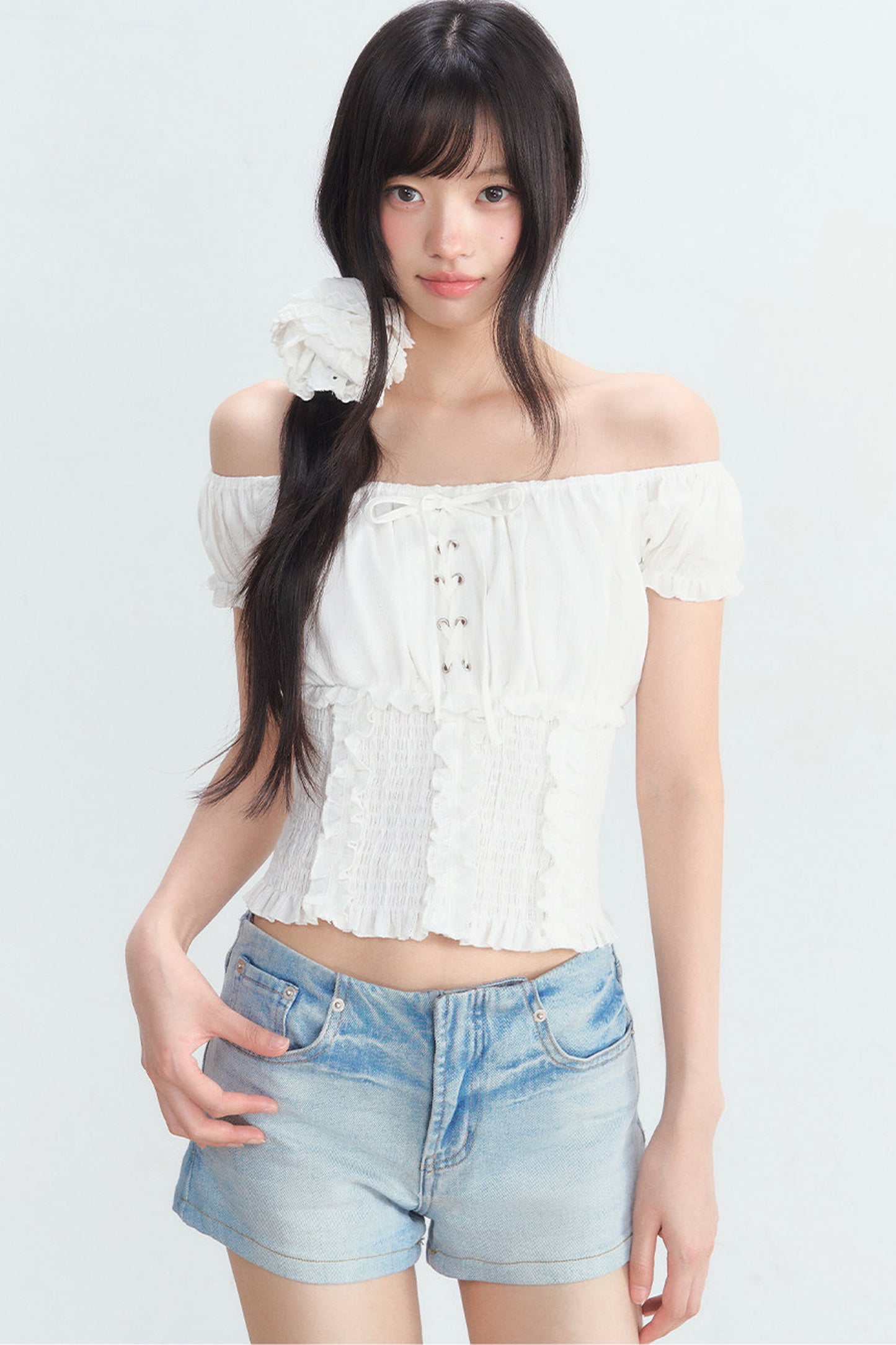 Off-Shoulder Puff Sleeve Lace-Up Top