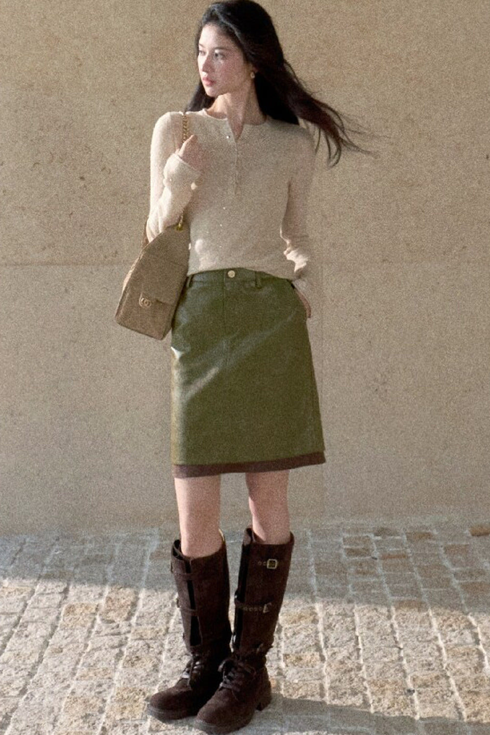 Fern Green Leather Straight Skirt