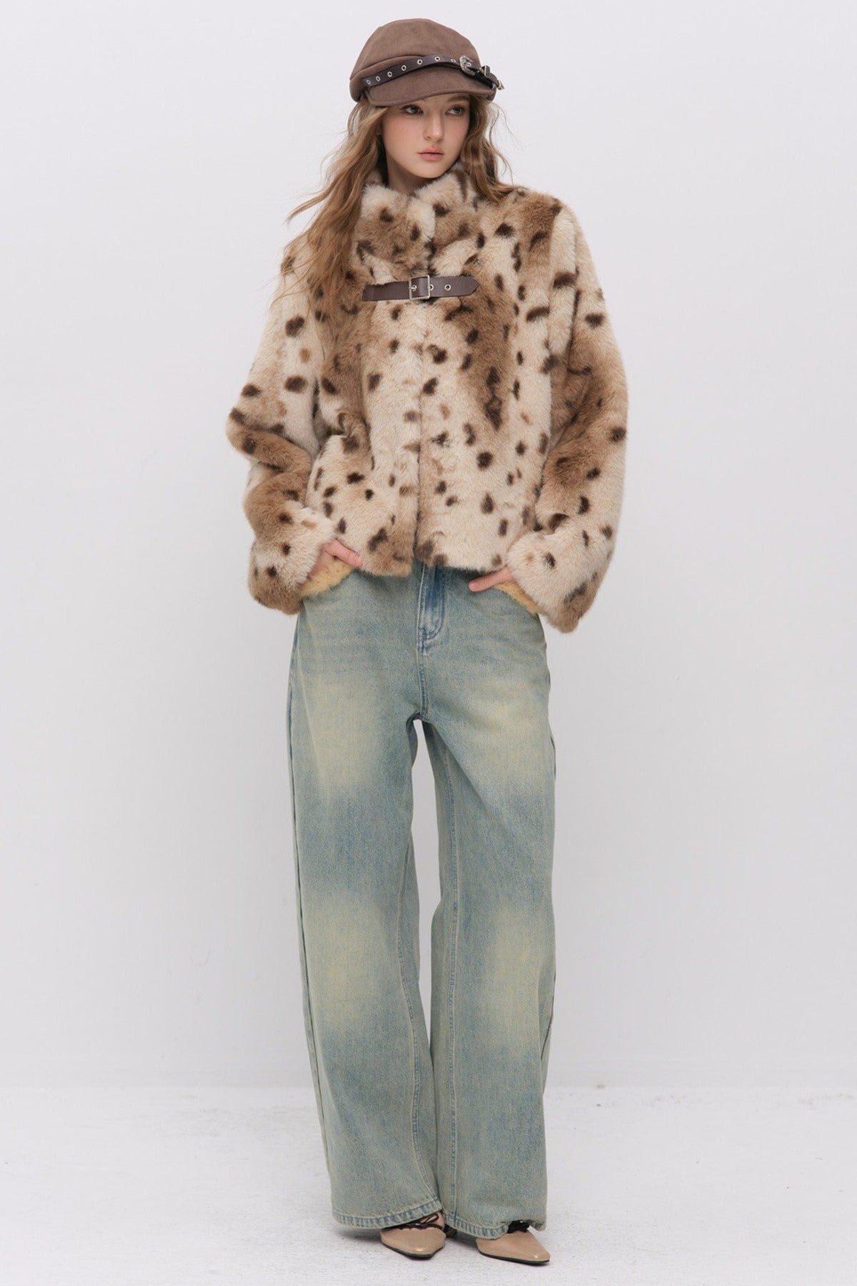 Cheetah Print Buckle Stand Collar Coat