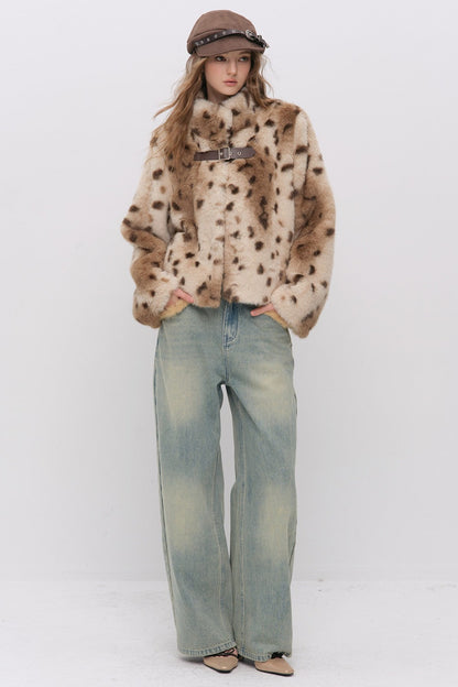 Cheetah Print Buckle Stand Collar Coat