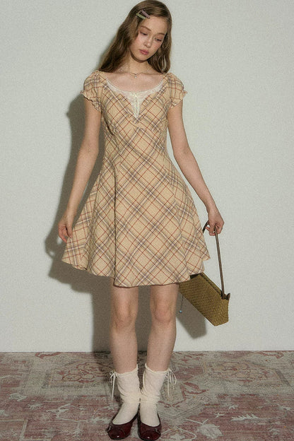 Clear Sky Plaid Lace Dress