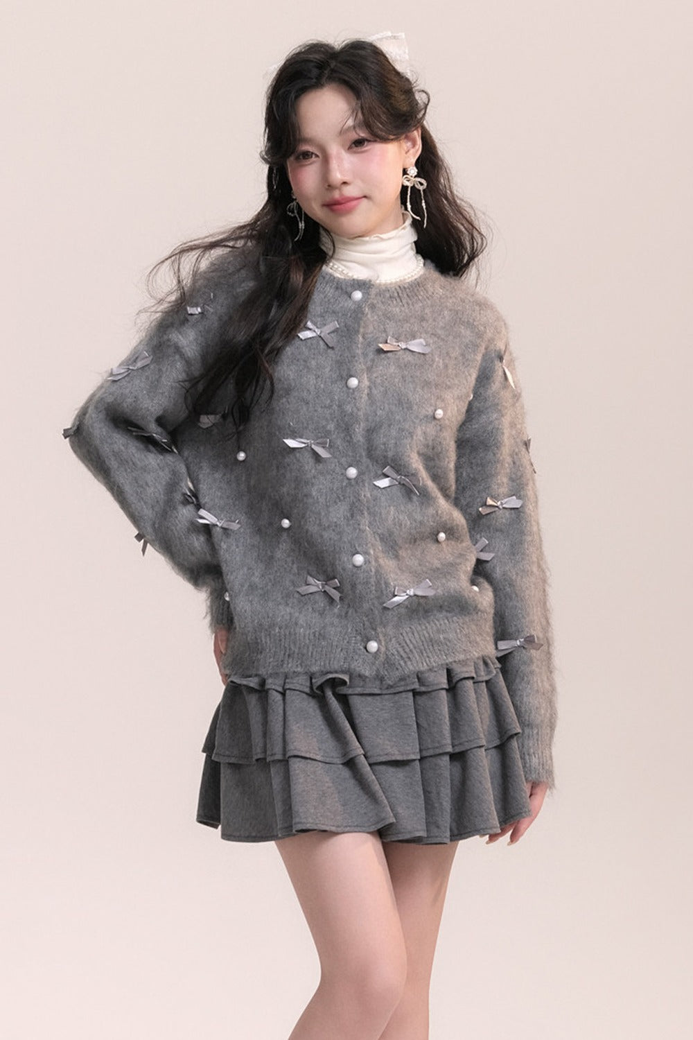 Ballet Bow Knit Cardigan With Skirt Set