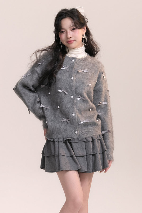 Ballet Bow Knit Cardigan With Skirt Set