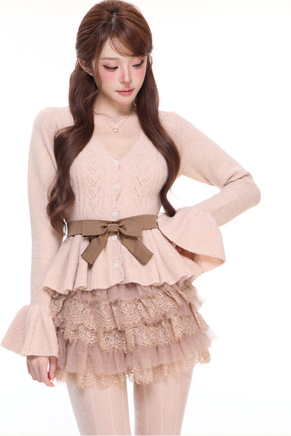 Bell-Sleeve Cardigan and Bow Belt Puffy Skirt Set-Up