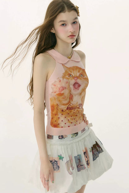 Retro Cat Print Knitted Vest