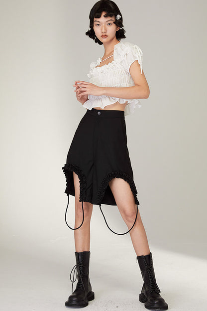French-Style Black Ruffled Smocked Blouse