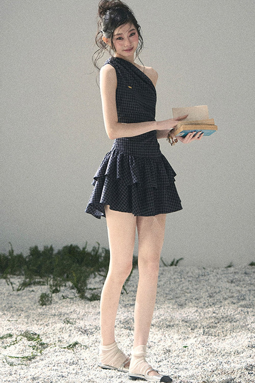 Moonlight Plaid Off-Shoulder Dress